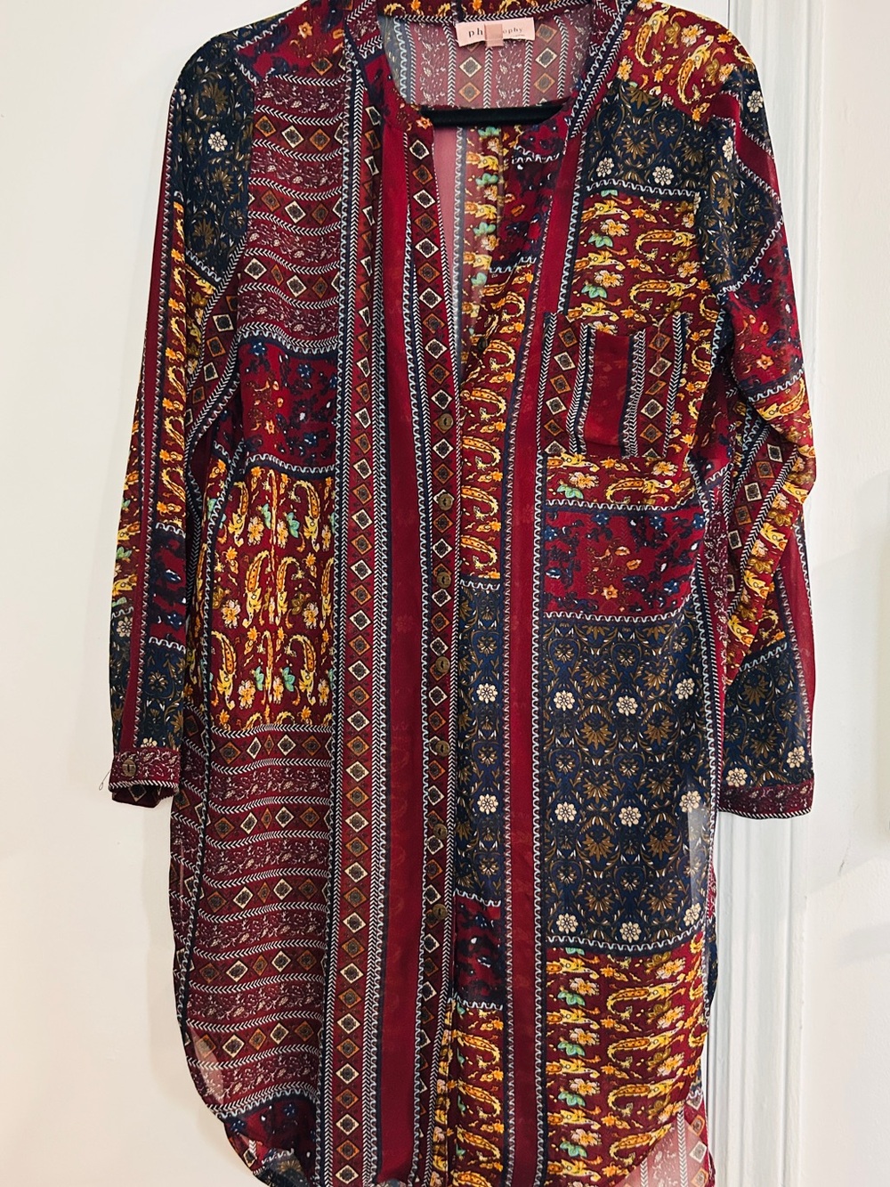 Philosophy M Bohemian Patchwork Long Sleeve top - side slits Burgundy Multicolor